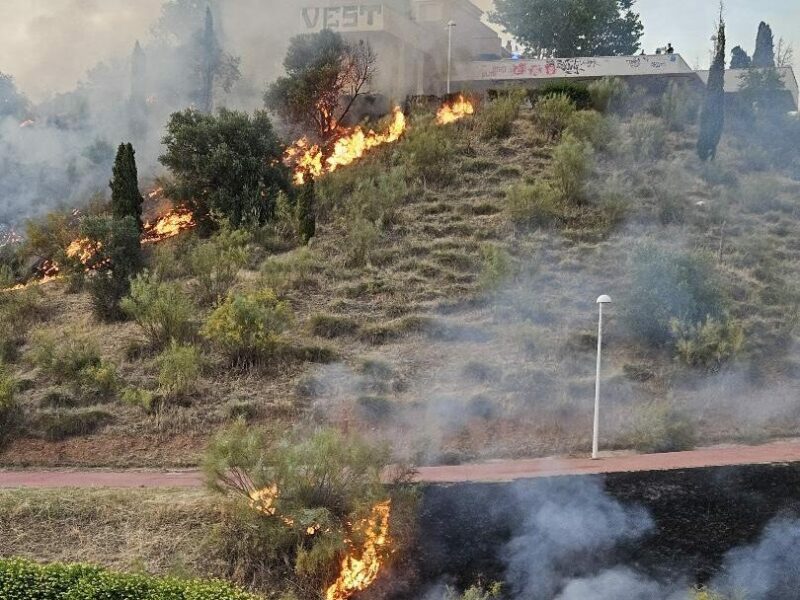Un incendio en los rodaderos del parque de Bélgica genera una intensa columna de humo pero no afecta a viviendas