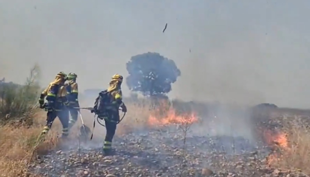 Medios aéreos y terrestres trabajan en un incendio forestal en Villarejo de Montalbán