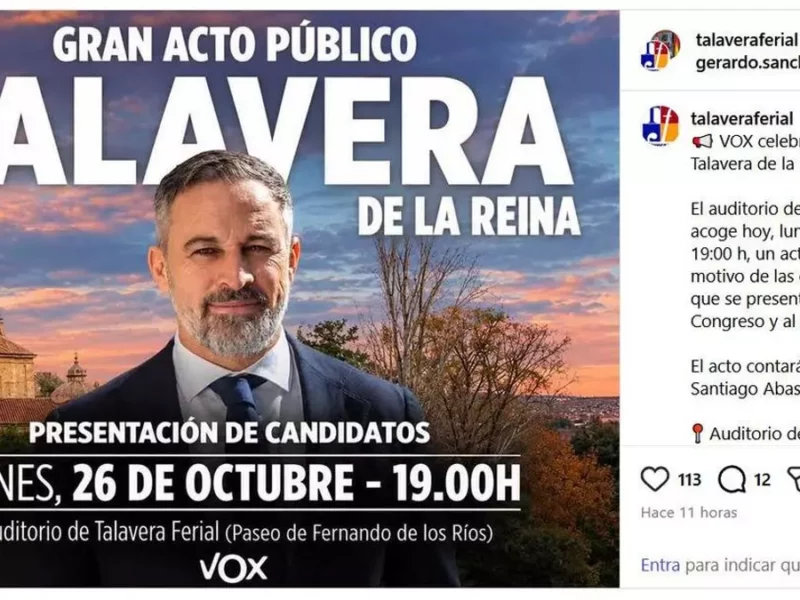Polémica en Talavera por la difusión de un acto de Abascal desde una cuenta institucional